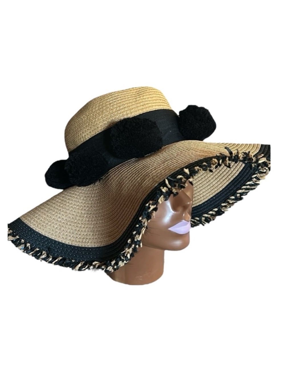 Betsey Johnson Valencia Wheat Straw Beach Hat With Black Pompoms